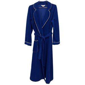 Vintage 60s Kayser Robe Size Medium Royal Blue Belted White Piping Lounge Comfy
